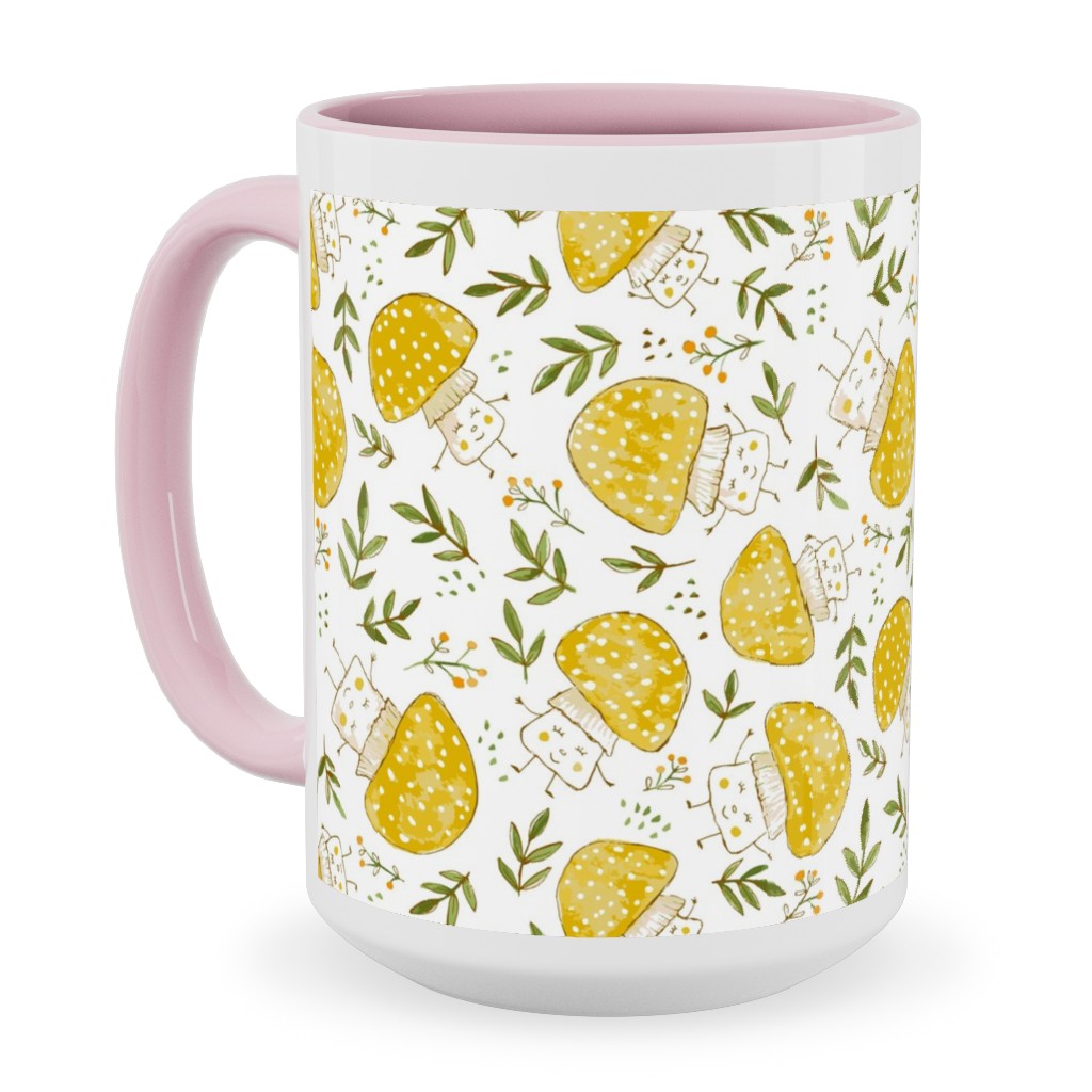 the Happiest Little Mushrooms - Yellow Ceramic Mug, Pink, , 15oz, Yellow, Classic Yellow