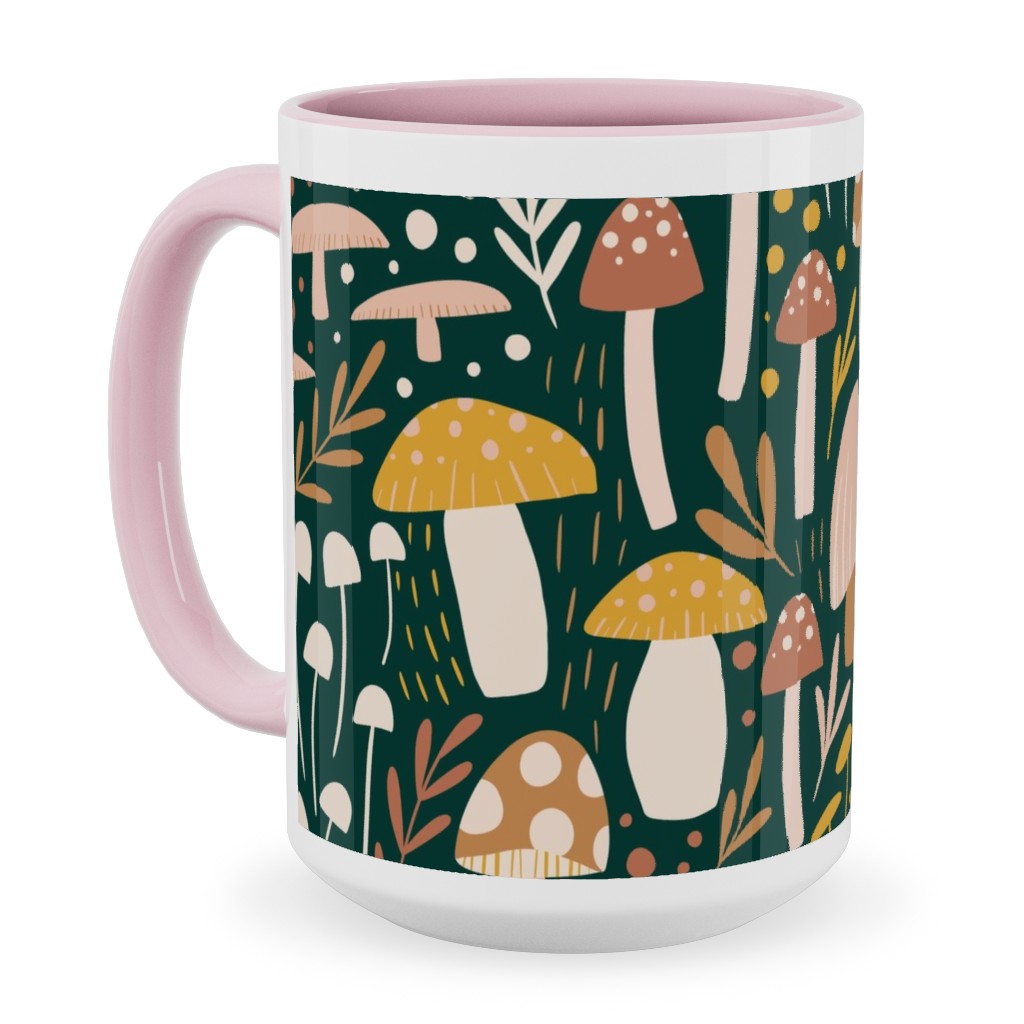 Woodland Mushroom Meadow - Green Ceramic Mug, Pink, , 15oz, Green, Classic Green