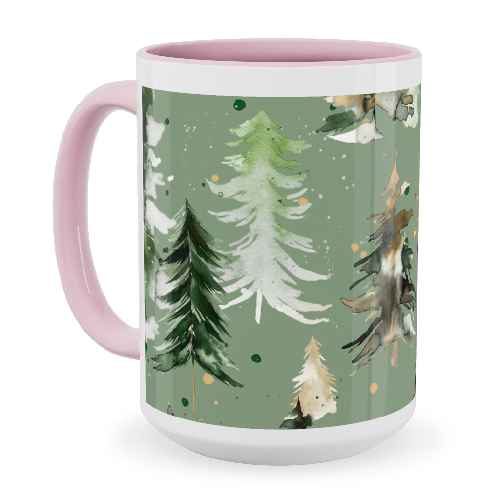 Watercolor Pines and Spruces Christmas - Green Ceramic Mug, Pink, , 15oz, Green, Classic Green