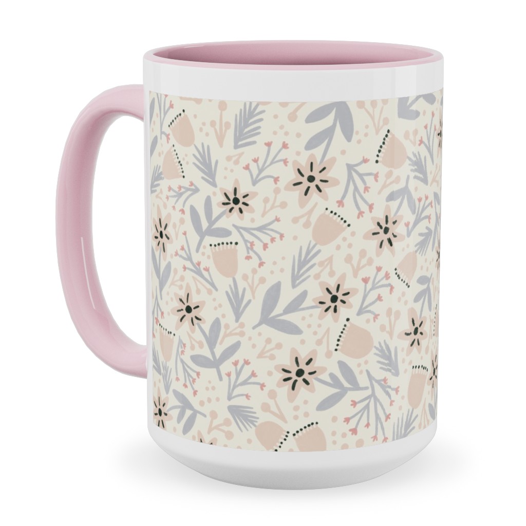 Vintage Flowers - Pastel Pink Ceramic Mug, Pink, , 15oz, Beige, Pearl