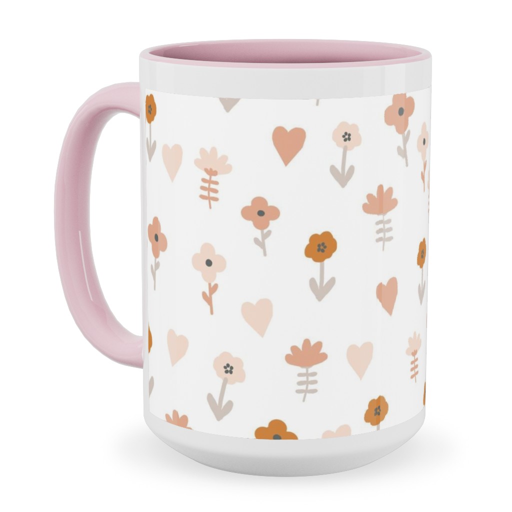 Wild Flowers - Boho - Neutral on White Ceramic Mug, Pink, , 15oz, Pink, Bright Pink