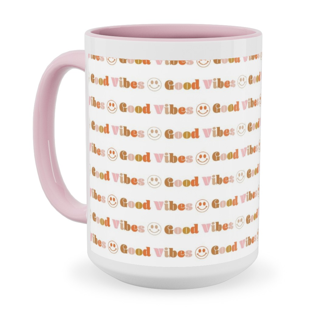 Good Vibes - Retro 70s Smiley Face - Earthy Ceramic Mug, Pink,  , 15oz, Orange