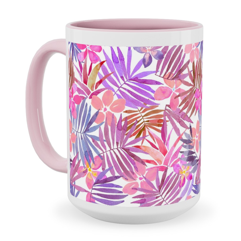 Watercolor Tropical Vibes - Pink Ceramic Mug, Pink, , 15oz, Pink, Bright Pink