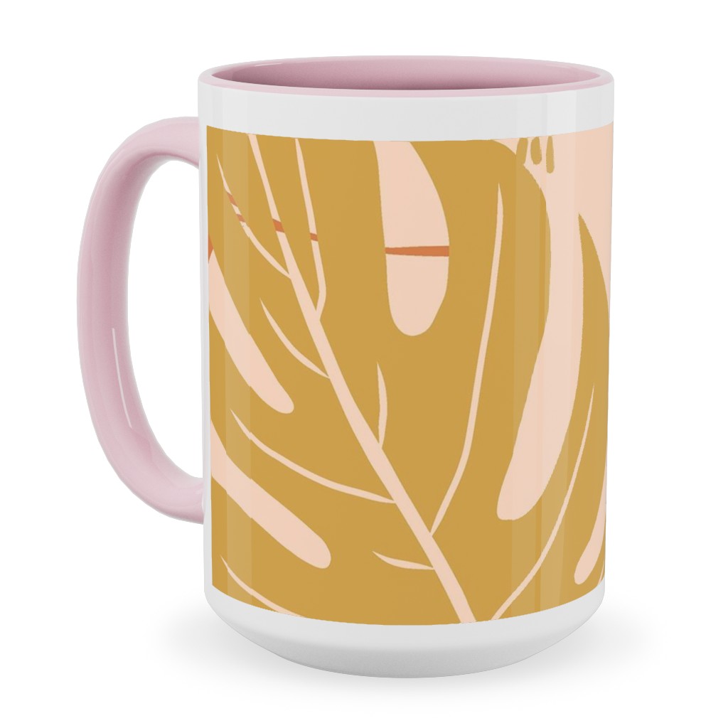 Paradiso - Tropical Palm Fronds - Golden Blush Ceramic Mug, Pink, , 15oz, Pink, Bright Pink
