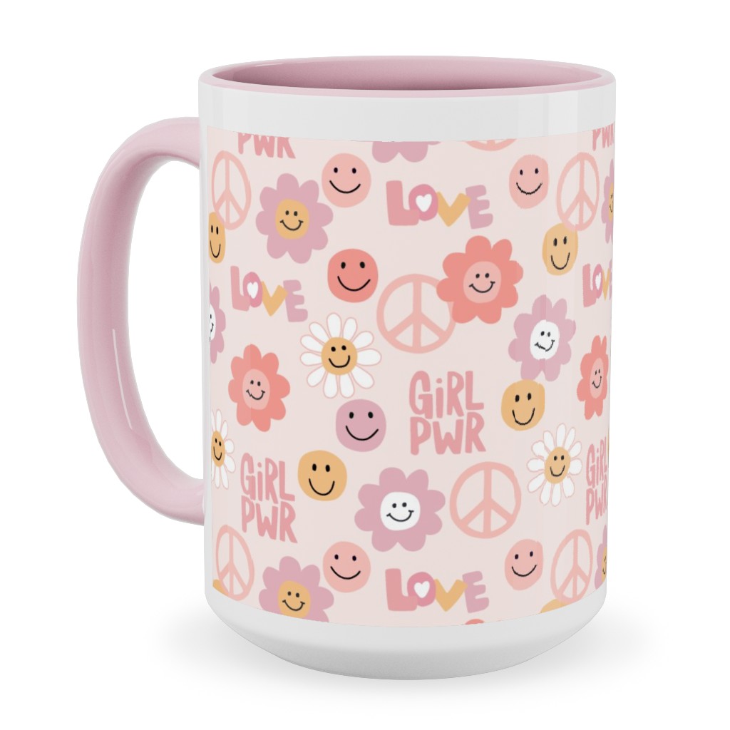 Happy Girl Power - Pink Ceramic Mug, Pink, , 15oz, Pink, Bright Pink