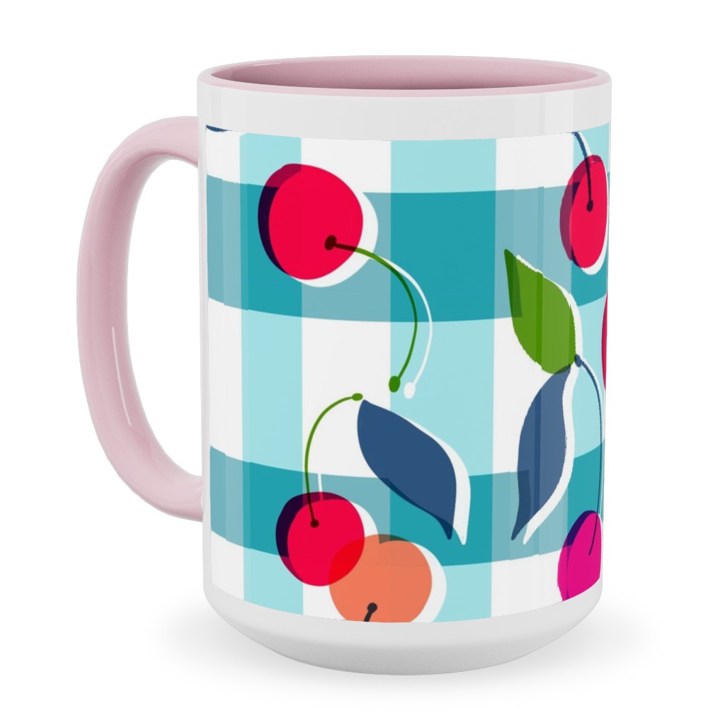 Cherry Gingham - Blue Ceramic Mug, Pink,  , 15oz, Blue