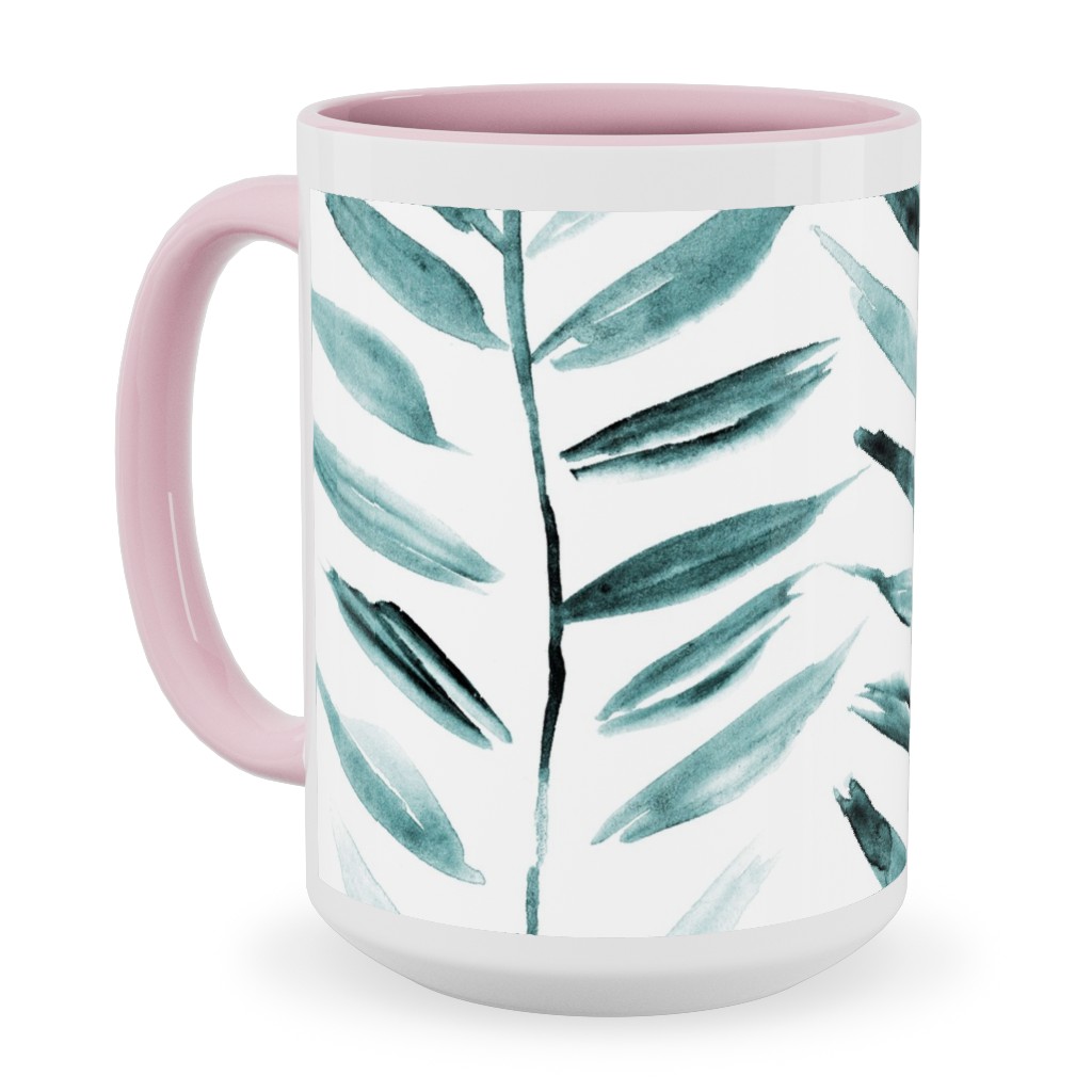 Leaves Herringbone - Watercolor Nature - Emerald Ceramic Mug, Pink, , 15oz, Green, Classic Green