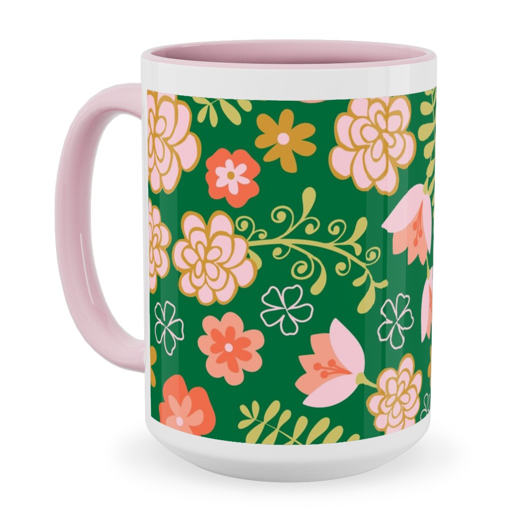 Fiesta Flowers - Green Ceramic Mug, Pink, , 15oz, Green, Classic Green