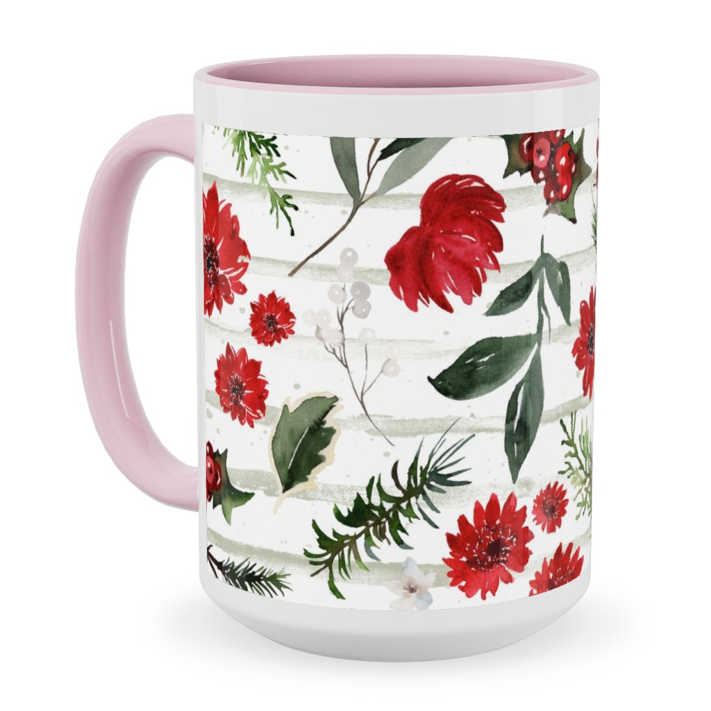 Jolly Christmas Florals - Mint Sage Stripes Ceramic Mug, Pink, , 15oz, Multicolor