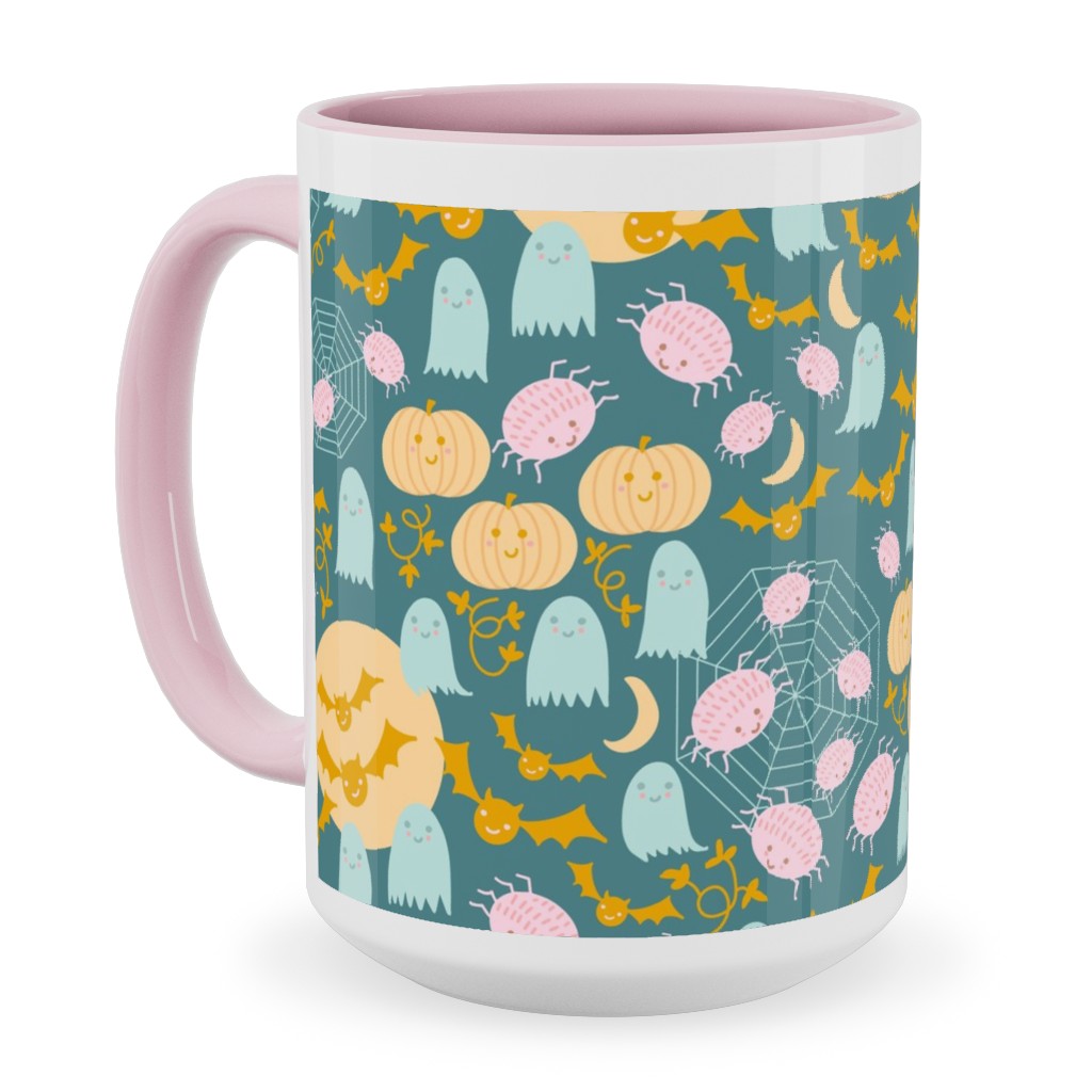 Cute Pastel Halloween Scene in Candy Colors - Pumpkin Ghost Spider Web Bat - Multi Ceramic Mug, Pink,  , 15oz, Multicolor