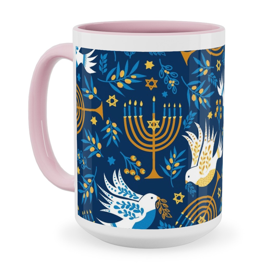 Hanukkah Birds and Menorahs - Dark Blue Ceramic Mug, Pink,  , 15oz, Blue