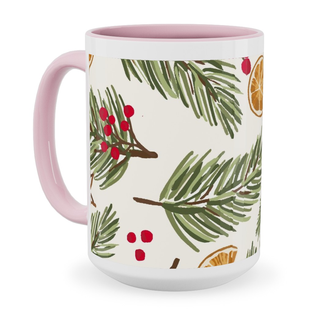 Festive Christmas Pine Sprigs and Orange Slices Ceramic Mug, Pink, , 15oz, Multicolor