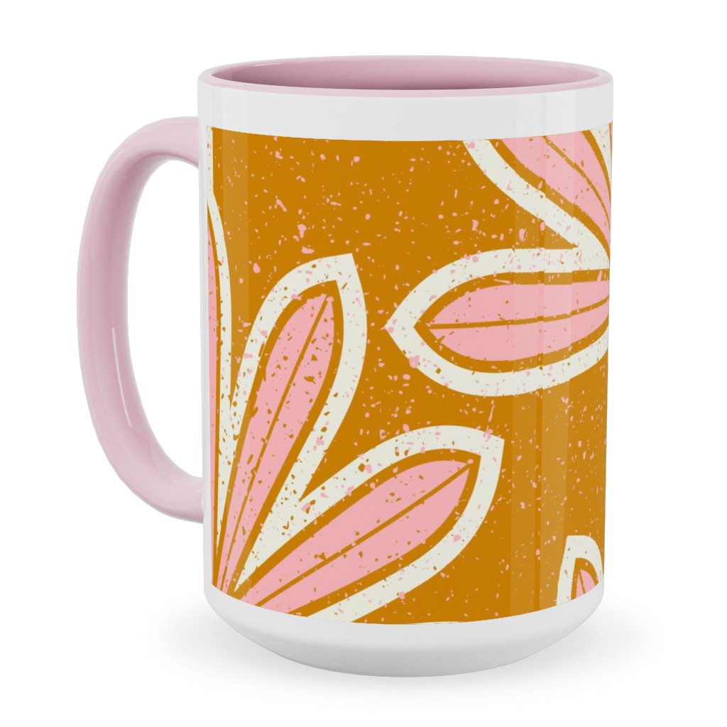 Mid Century Palm Leaf Ceramic Mug, Pink, , 15oz, Pink, Bright Pink