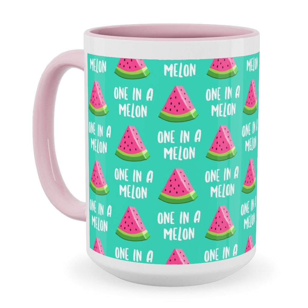 One in a Melon - Watermelon - Pink on Teal Ceramic Mug, Pink,  , 15oz, Green