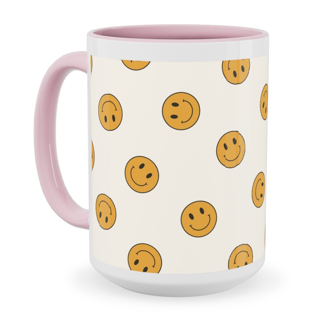 Retro Smiley Face - Cream and Yellow Ceramic Mug, Pink,  , 15oz, Yellow