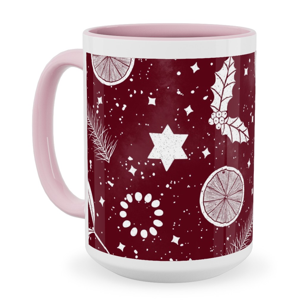 Festive Christmas Print Stars, Mistletoe, Orange, Holly and Pine Branch on Burgundy Ceramic Mug, Pink, , 15oz, Red, Red