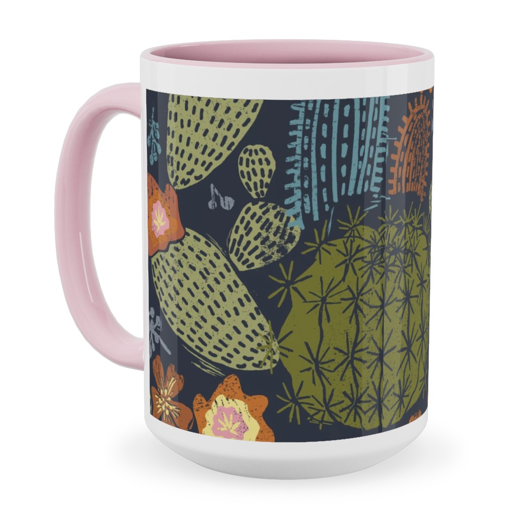 Cactus Garden - Block Print Style - Dark Ceramic Mug, Pink,  , 15oz, Green