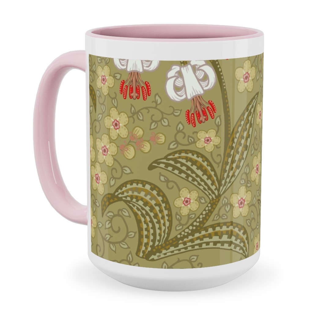 White Martagon Lilies - Olive Ceramic Mug, Pink,  , 15oz, Green