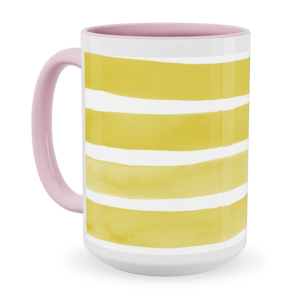 Imperfect Watercolor Stripes Ceramic Mug, Pink, , 15oz, Yellow, Green Apple