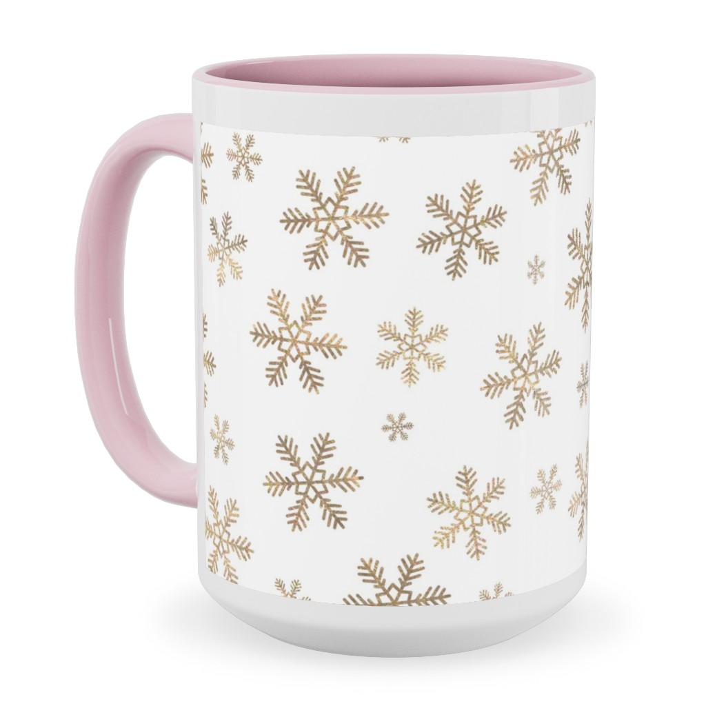 Holiday Snowflakes - Gold Ceramic Mug, Pink, , 15oz, Yellow
