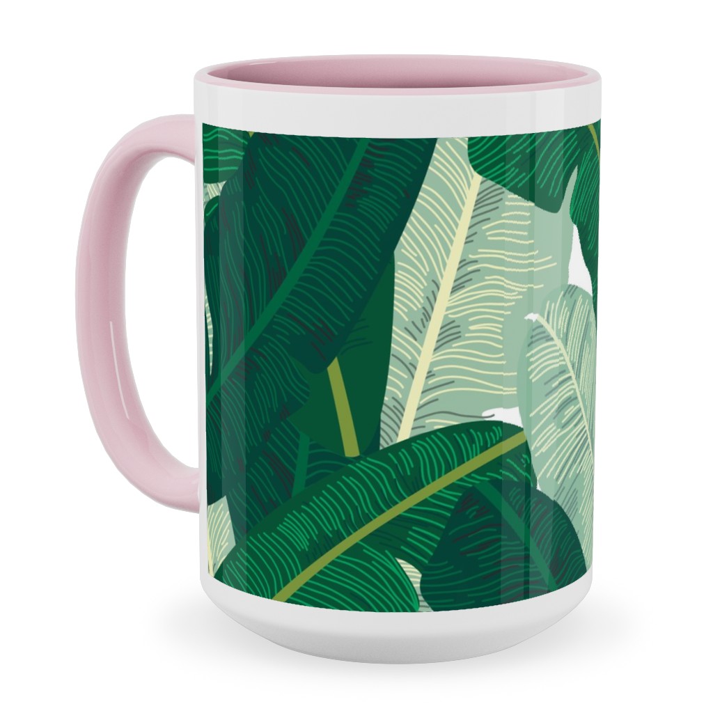 Classic Banana Leaves in Palm Springs Green Ceramic Mug, Pink,  , 15oz, Green