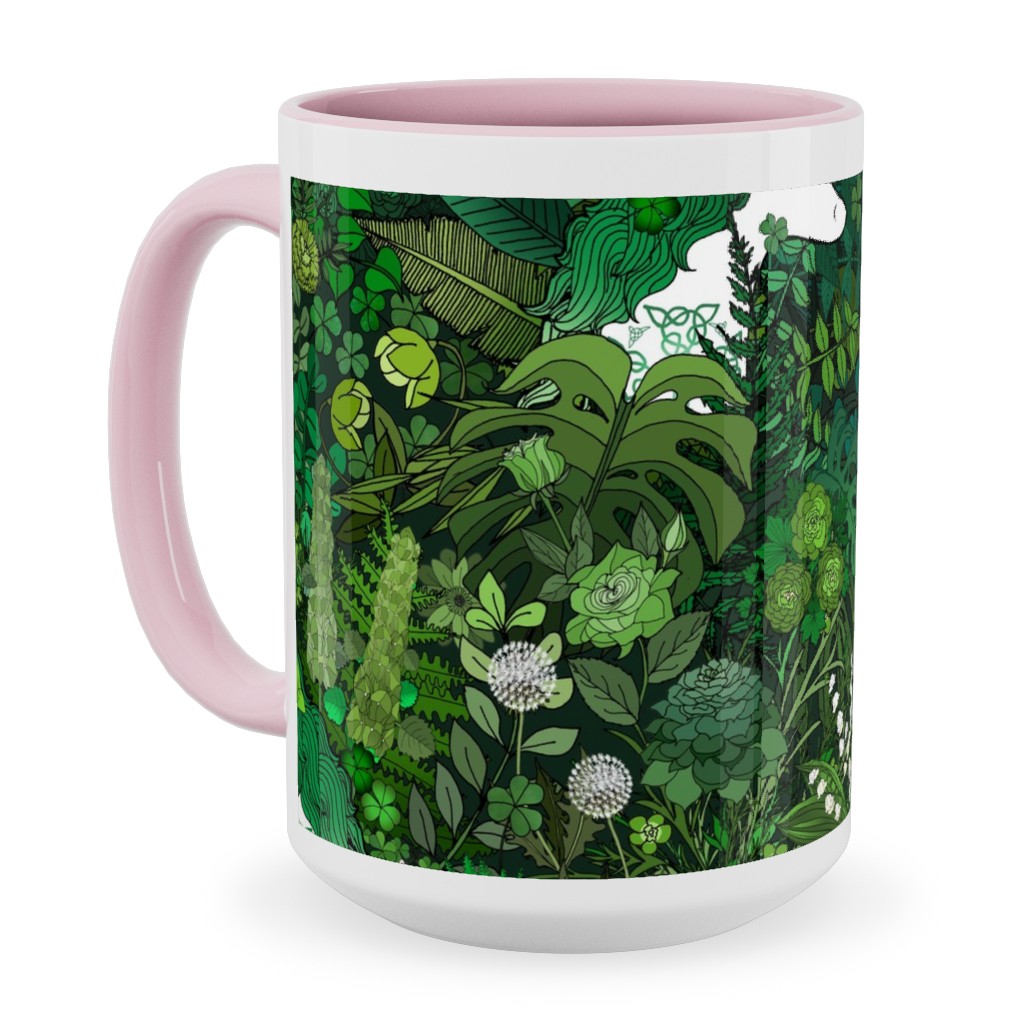 Irish Unicorn in a Green Garden Ceramic Mug, Pink, , 15oz, Green, Classic Green