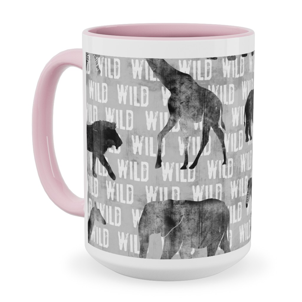 Wild Safari Animals - Grey Ceramic Mug, Pink,  , 15oz, Gray