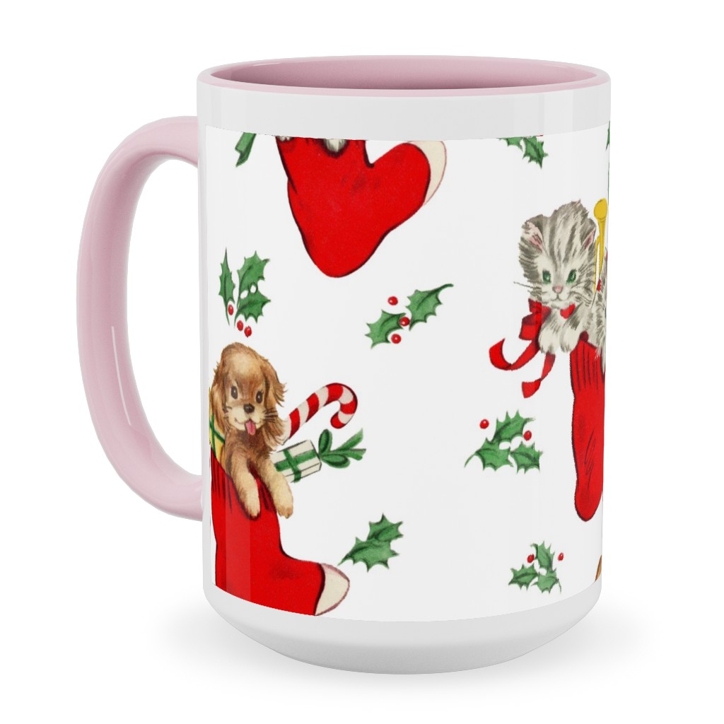 Vintage Christmas Kittens and Puppies Ceramic Mug, Pink,  , 15oz, Multicolor