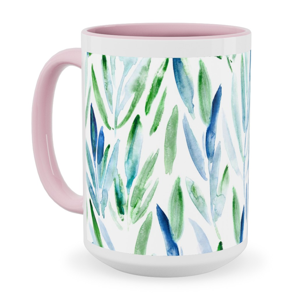 Watercolor Eucalyptus Leaves - Blue and Green Ceramic Mug, Pink, , 15oz, Green, Classic Green