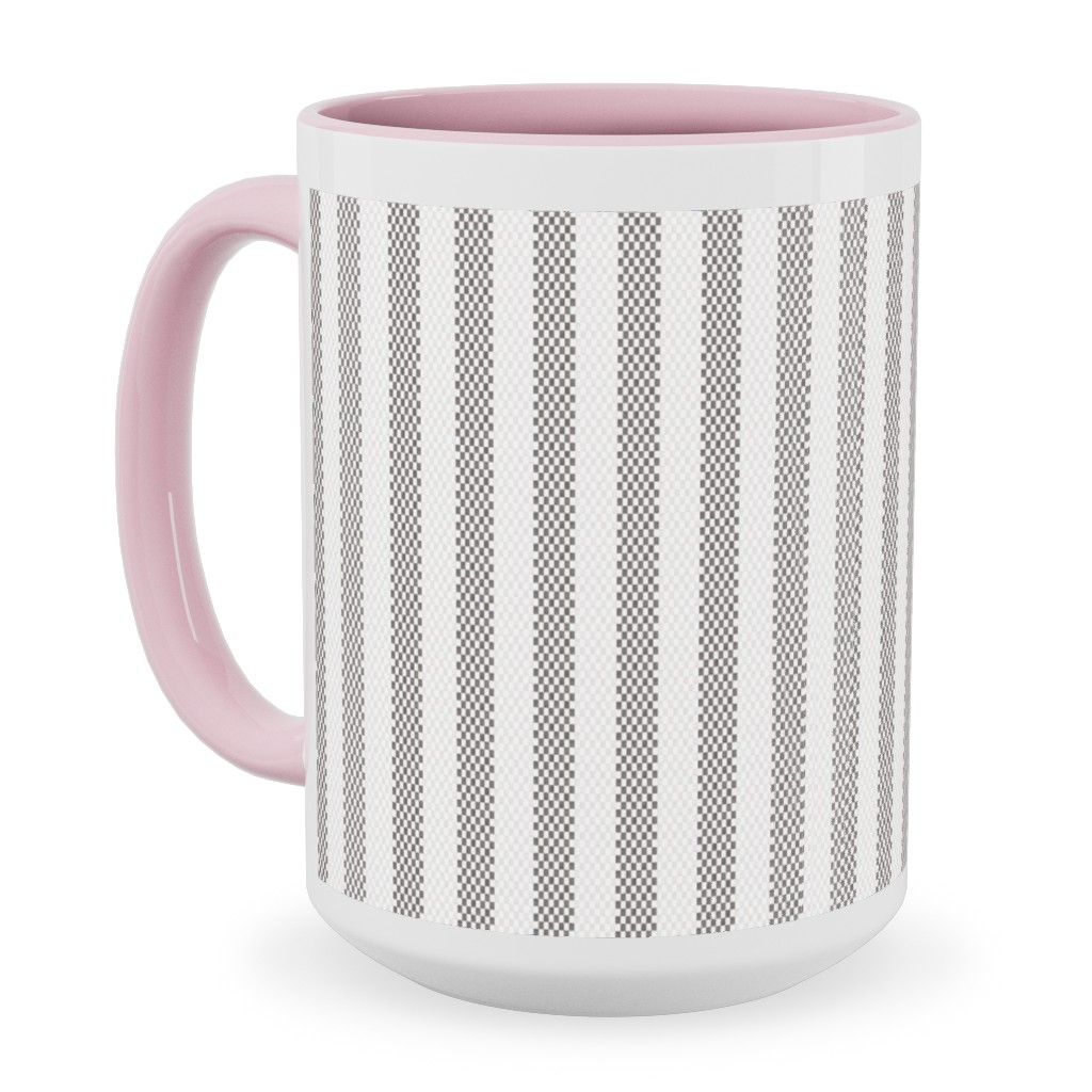 French Ticking Stripe - Grey Ceramic Mug, Pink,  , 15oz, Gray