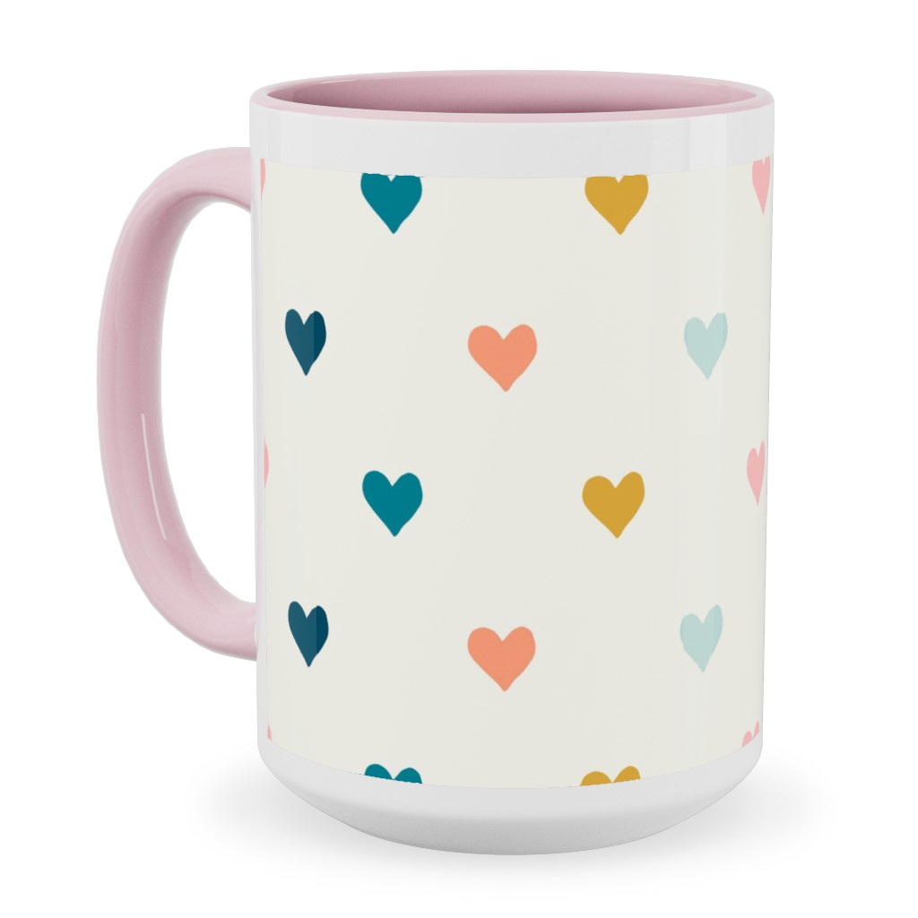 Hearts - Multi Blue, Pink, Gold Ceramic Mug, Pink, , 15oz, Multicolor