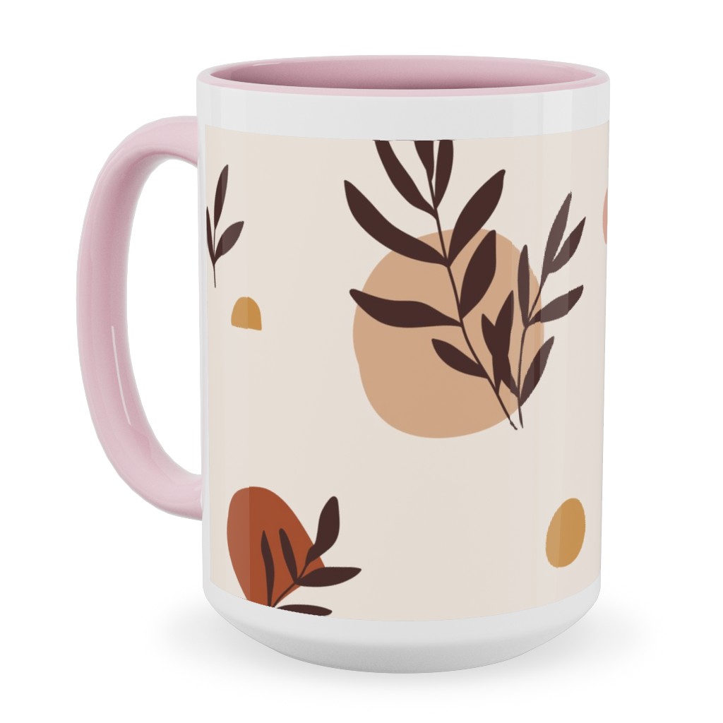 Abstraction and Tropical Leaves - Light Ceramic Mug, Pink, , 15oz, Beige, Pearl