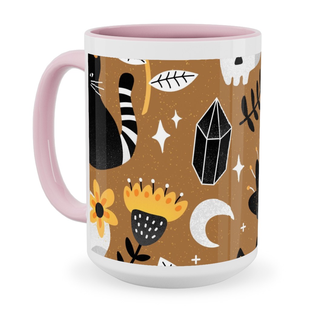 Black Cat & Floral Skull Ceramic Mug, Pink, , 15oz, Brown, Brown
