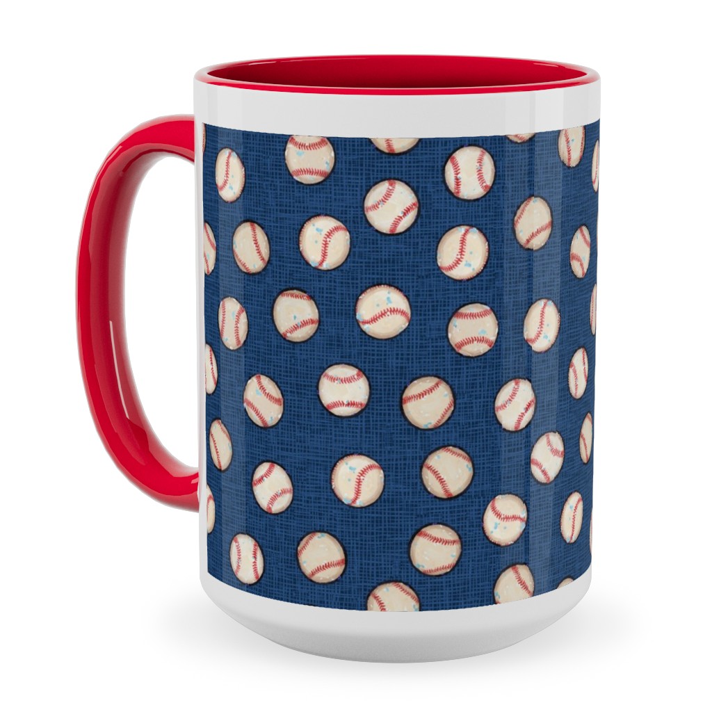 Baseball Balls on Blue Linen Ceramic Mug, Red, , 15oz, Blue, True Blue