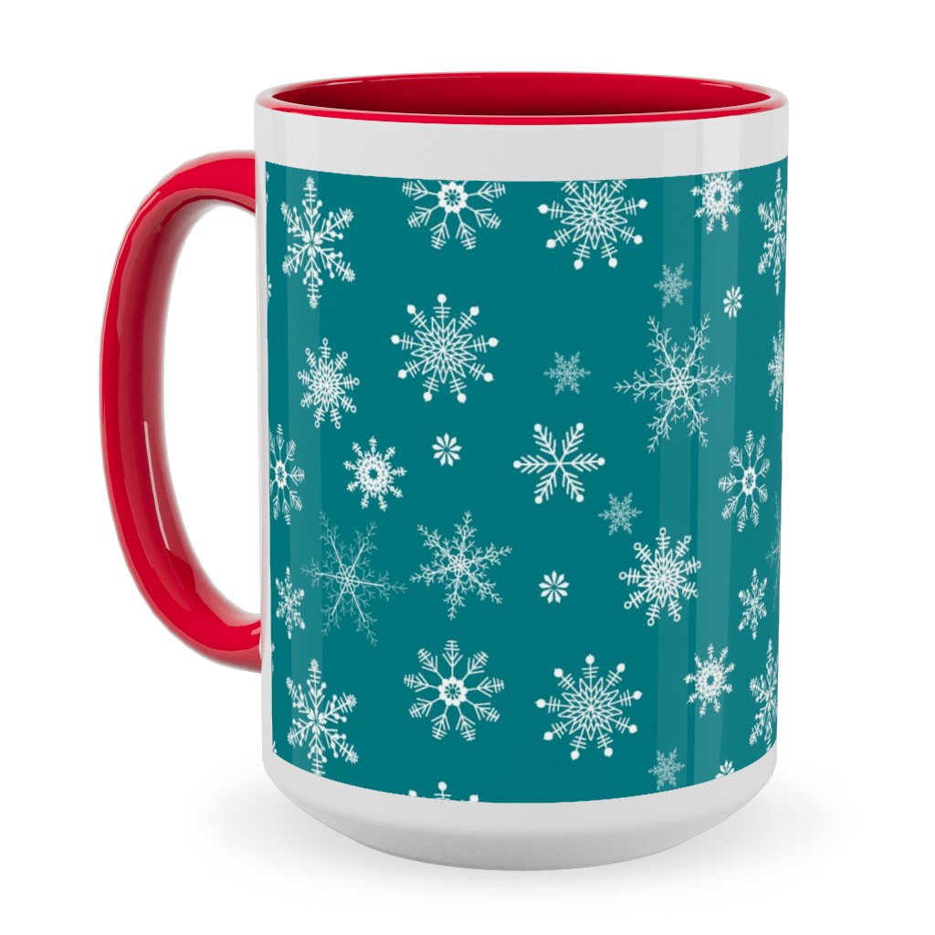 Snowflakes on Emerald Ceramic Mug, Red, , 15oz, Green, Classic Green