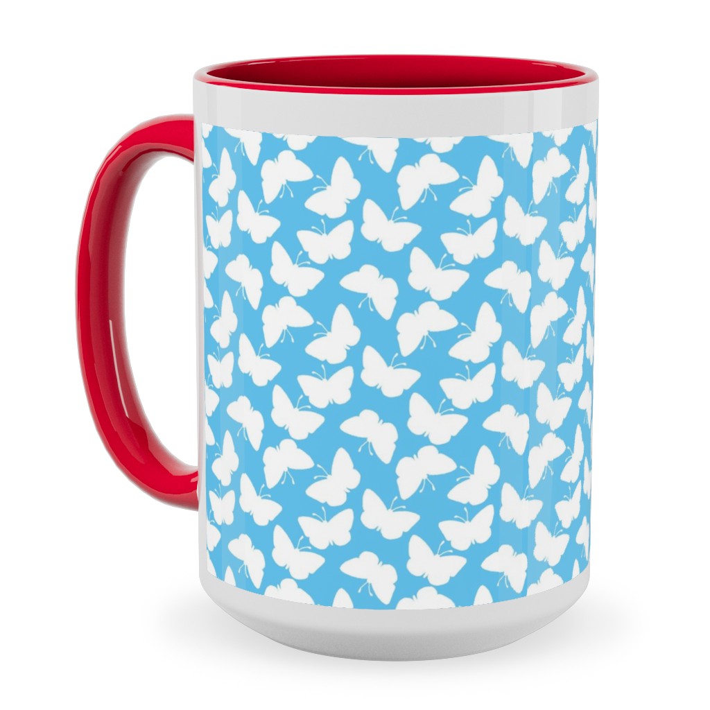 Butterflies - White on Blue Ceramic Mug, Red, , 15oz, Blue, True Blue
