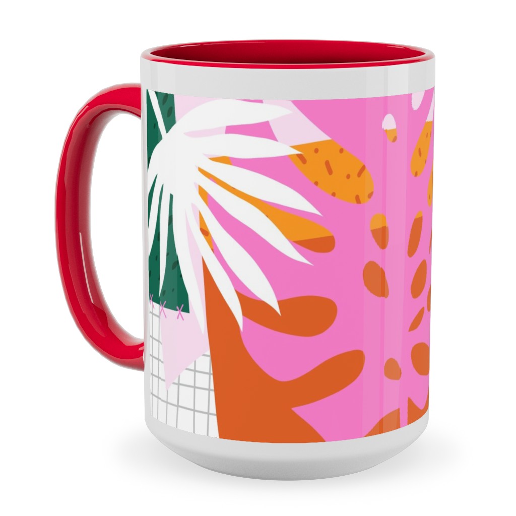 Palm Leaves Patchwork Summer Collage - Multi Ceramic Mug, Red,  , 15oz, Multicolor