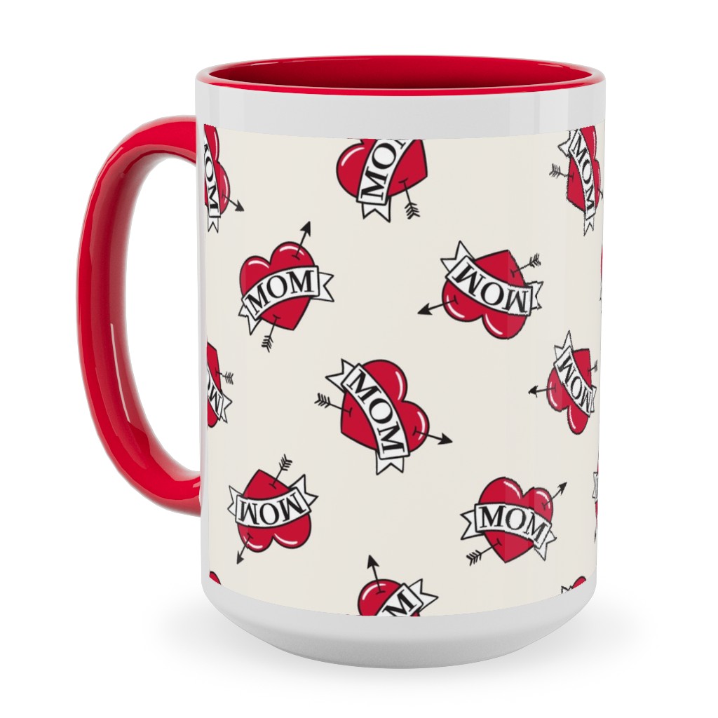 Mom Heart Tattoo - Red on Cream Ceramic Mug, Red, , 15oz, Red, Red