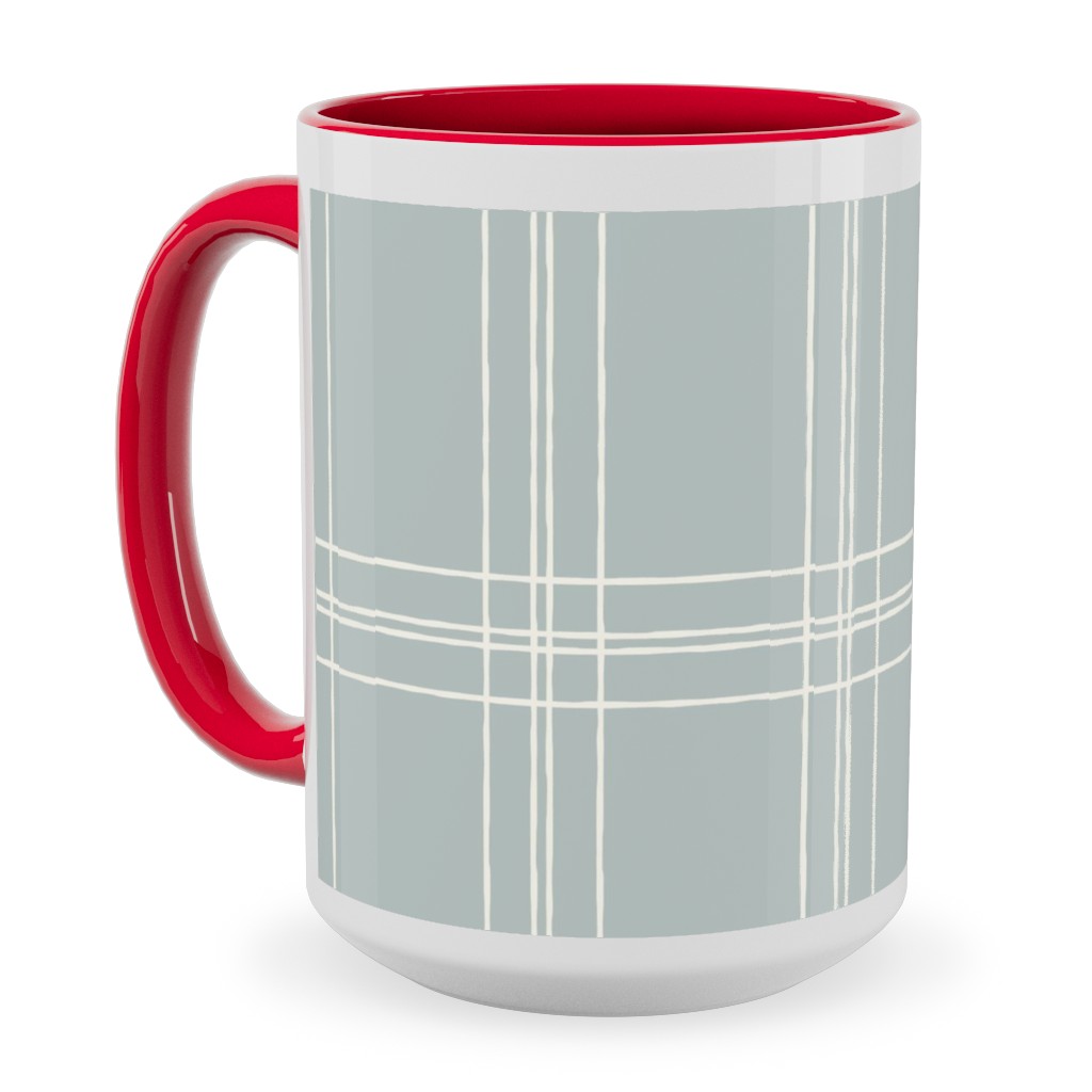 Lined Linens - Quad Plaid - Ivory, Blue Ceramic Mug, Red, , 15oz, Blue, True Blue