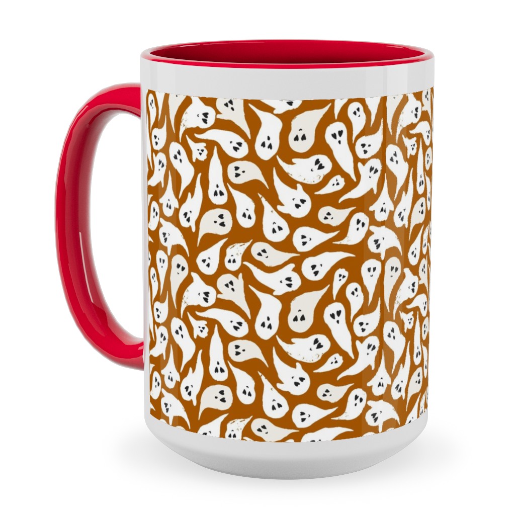 Halloween Ghosts on Dark Burnt Orange Ceramic Mug, Red, , 15oz, Orange, Orange
