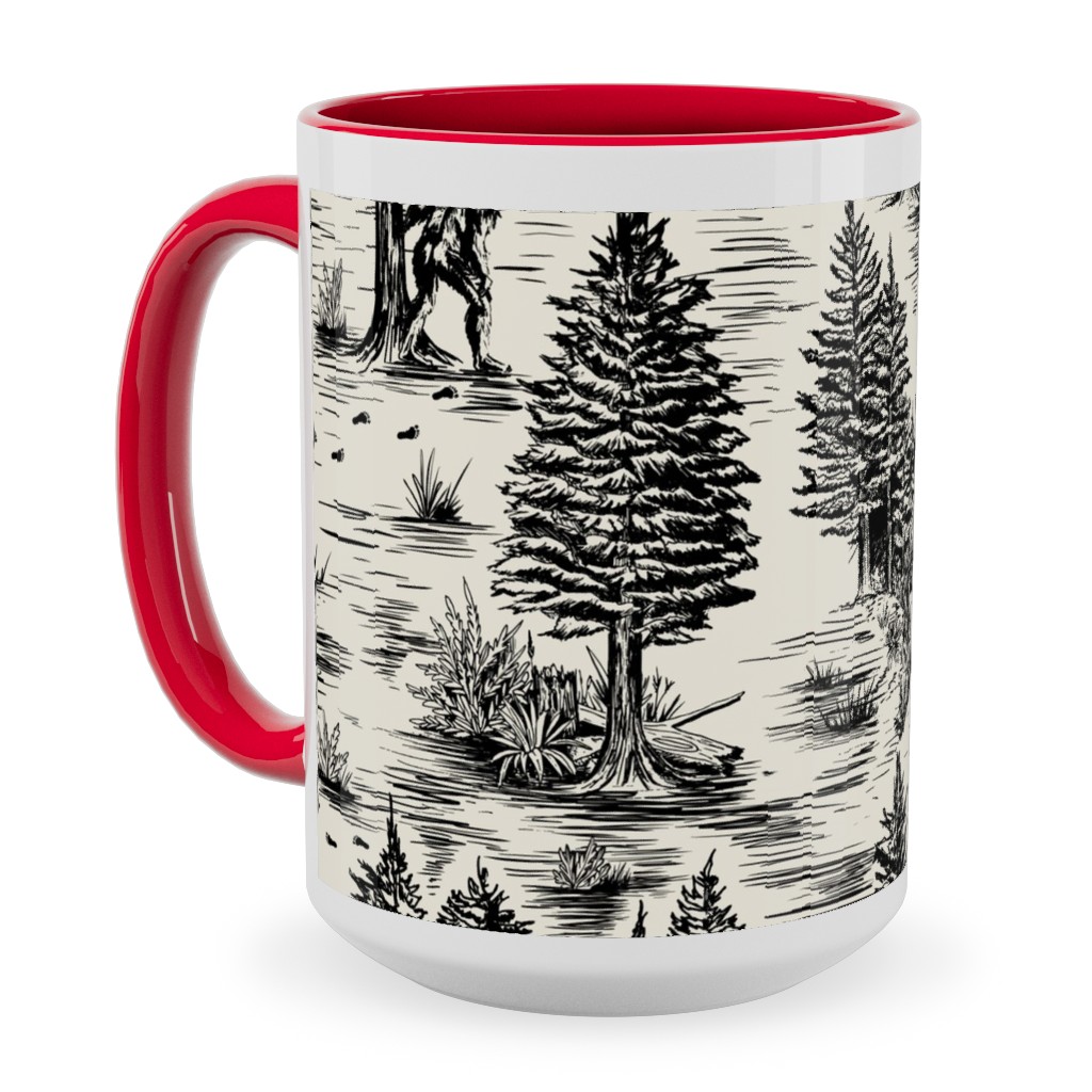 Bigfoot Sasquatch Toile De Jouy Ceramic Mug, Red, , 15oz, Black, Black