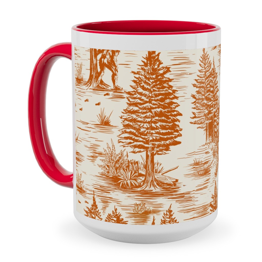 Bigfoot Sasquatch Toile De Jouy Ceramic Mug, Red,  , 15oz, Orange