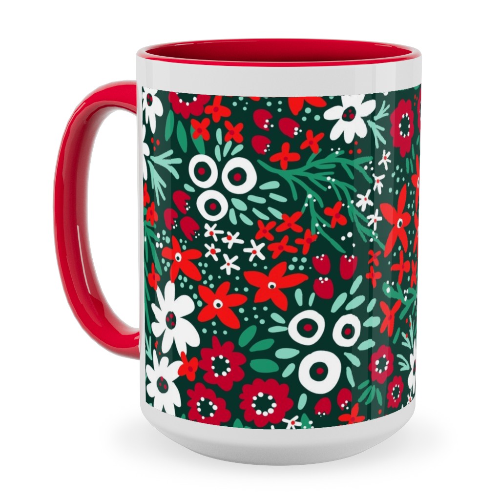Rustic Floral - Holiday Red and Green Ceramic Mug, Red,  , 15oz, Green