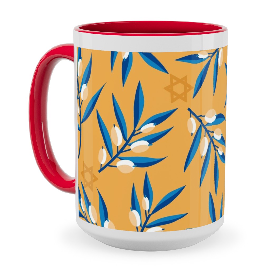 Olive Branches Hanukkah - Blue on Yellow Ceramic Mug, Red,  , 15oz, Yellow