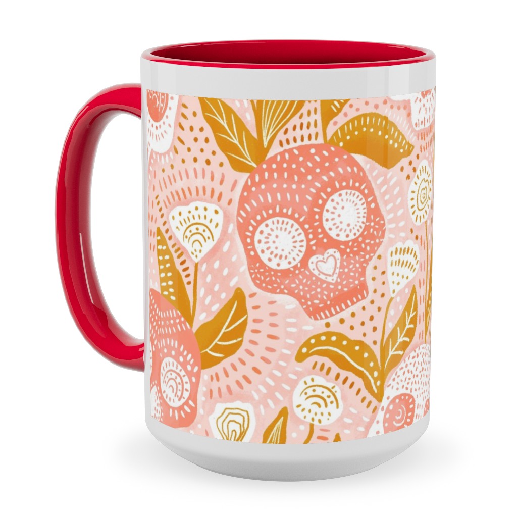 Pastel Halloween Skulls - Pink Ceramic Mug, Red, , 15oz, Pink, Bright Pink