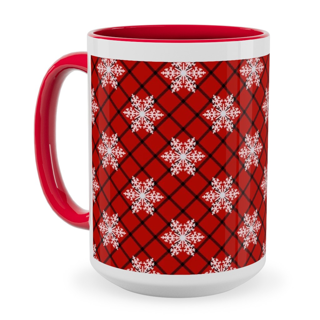 Snowy Winter Diagonal Checker Plaid - Red and Black Ceramic Mug, Red, , 15oz, Red, Red
