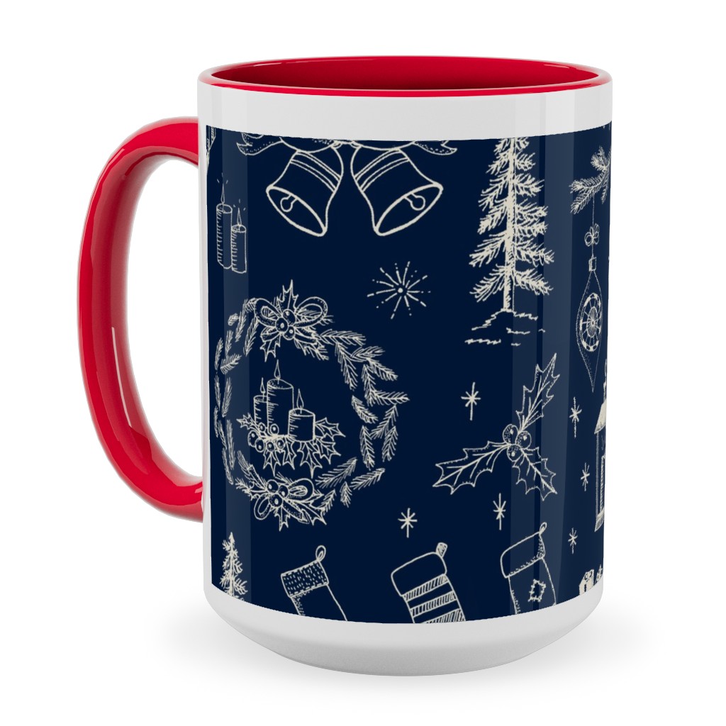 Christmas Toile - Starry Night Ceramic Mug, Red, , 15oz, Blue, True Blue