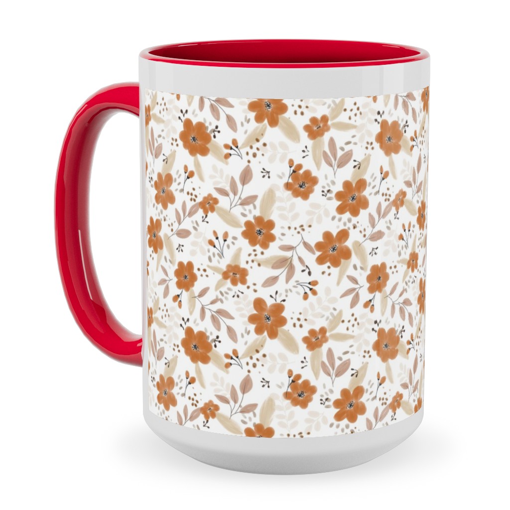 Fall Floral Ceramic Mug, Red, , 15oz, Orange, Antique White