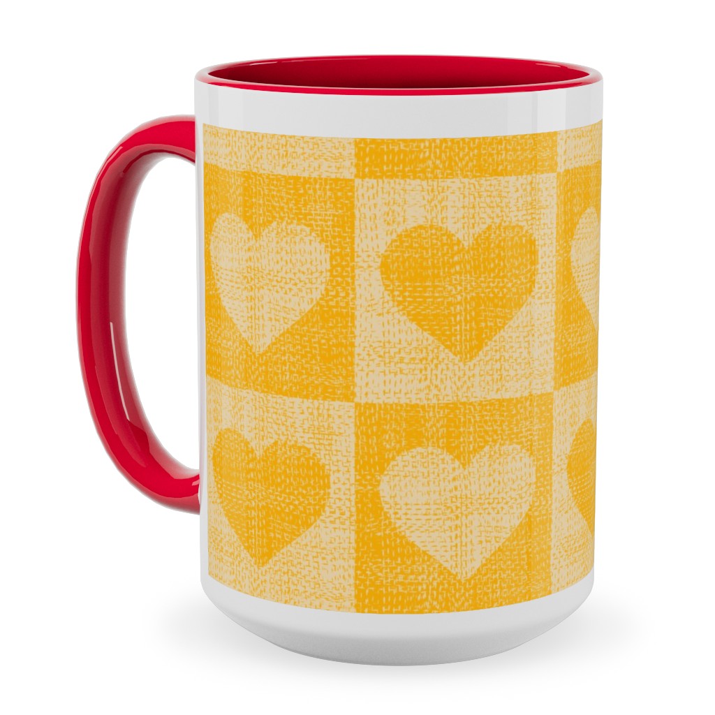 Love Hearts Check - Yellow Ceramic Mug, Red,  , 15oz, Yellow