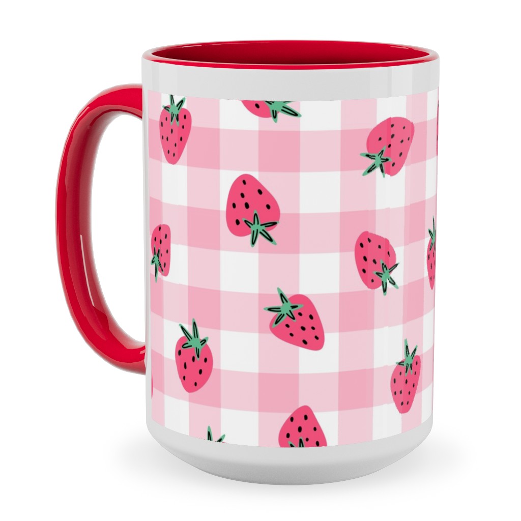 Summer Strawberry Gingham - Pink Ceramic Mug, Red, , 15oz, Pink, Bright Pink